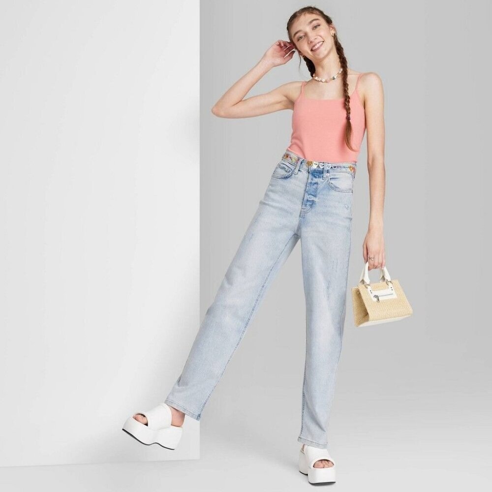 wild fable Super High Rise Distressed Straight Jeans Light Wash Size 14 New